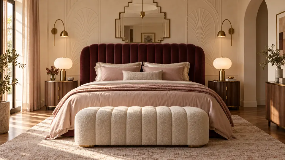 Bedroom with a curved velvet headboard