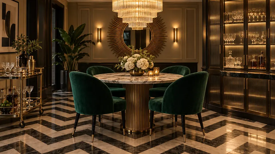 Brass bar cart and a marble dining table