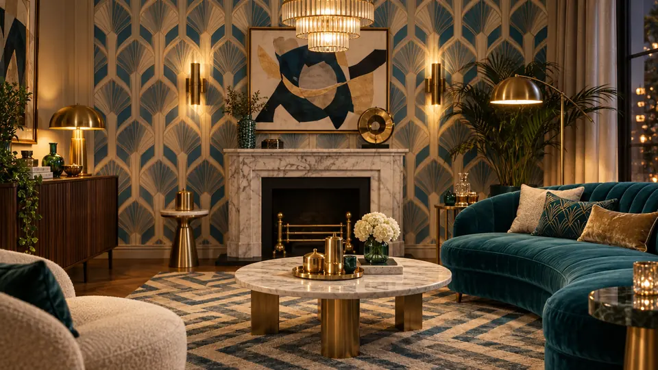 Teal velvet sofa beside a marble fireplace